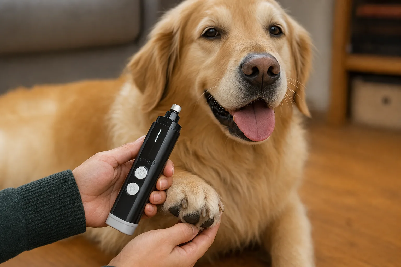 Golden retriever lying calmly while owner uses KANES Nail Grinder on its paw