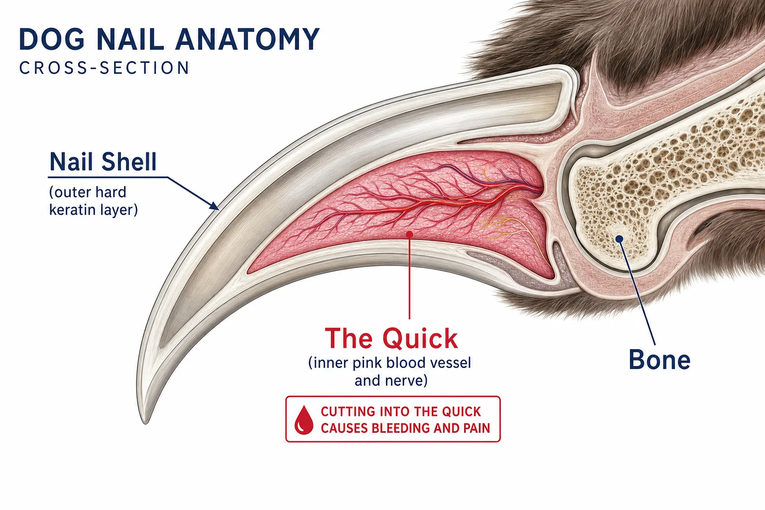 Dog nail anatomy showing the quick
